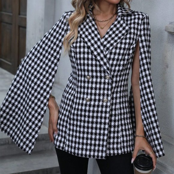 White & Black Preppy Houndstooth Print Cloak Sleeve Double Breasted Cape Blazer - Picture 3 of 5